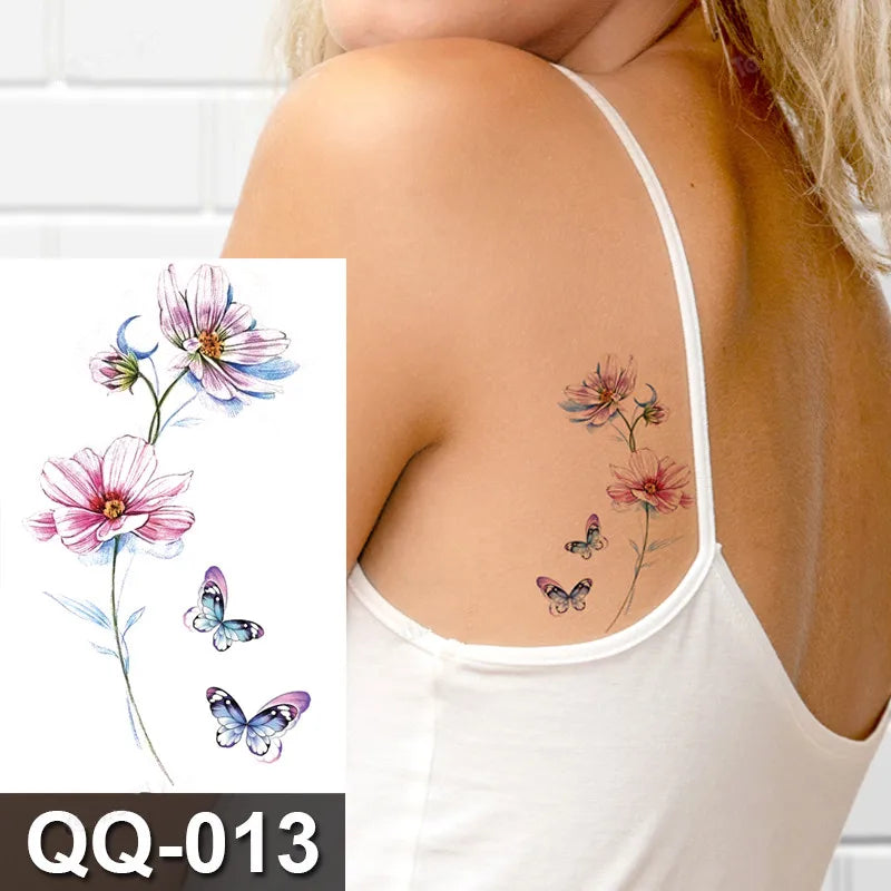 Small Waterproof Temporary Tattoo Sticker Colorful Feather Flower Leaves Planet Moon Women Body Art Wrist Neck Fake Tattoos Men