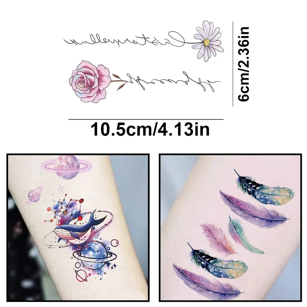 Small Waterproof Temporary Tattoo Sticker Colorful Feather Flower Leaves Planet Moon Women Body Art Wrist Neck Fake Tattoos Men