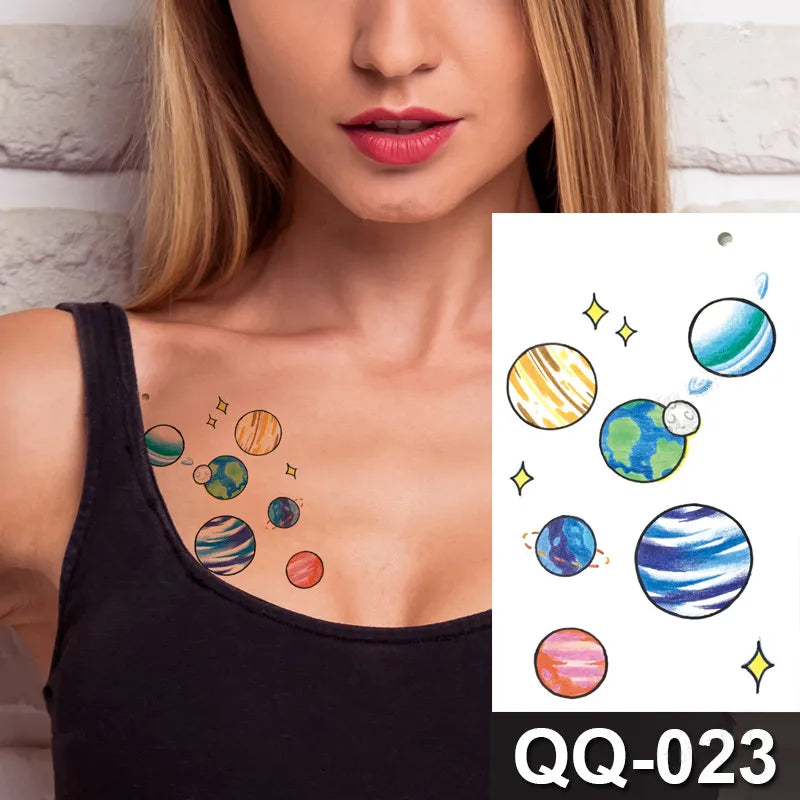 Small Waterproof Temporary Tattoo Sticker Colorful Feather Flower Leaves Planet Moon Women Body Art Wrist Neck Fake Tattoos Men