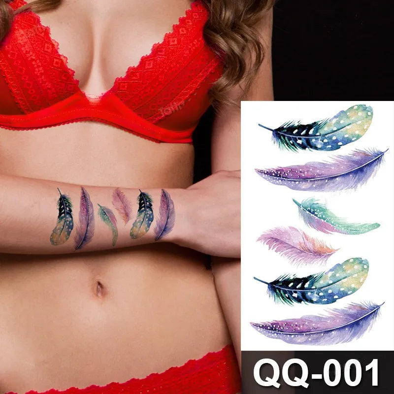 Small Waterproof Temporary Tattoo Sticker Colorful Feather Flower Leaves Planet Moon Women Body Art Wrist Neck Fake Tattoos Men