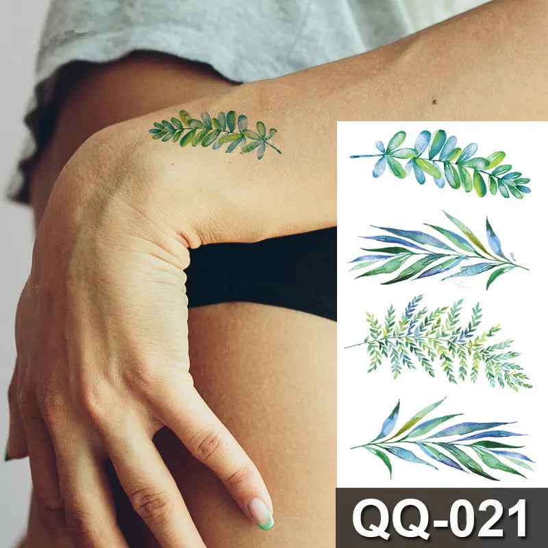 Small Waterproof Temporary Tattoo Sticker Colorful Feather Flower Leaves Planet Moon Women Body Art Wrist Neck Fake Tattoos Men