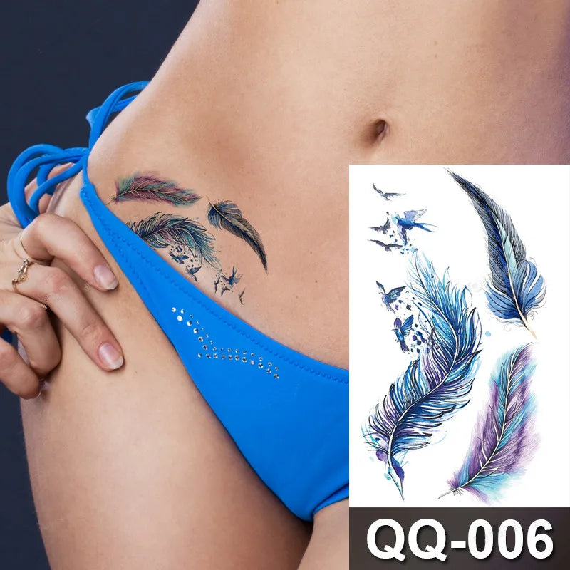 Small Waterproof Temporary Tattoo Sticker Colorful Feather Flower Leaves Planet Moon Women Body Art Wrist Neck Fake Tattoos Men