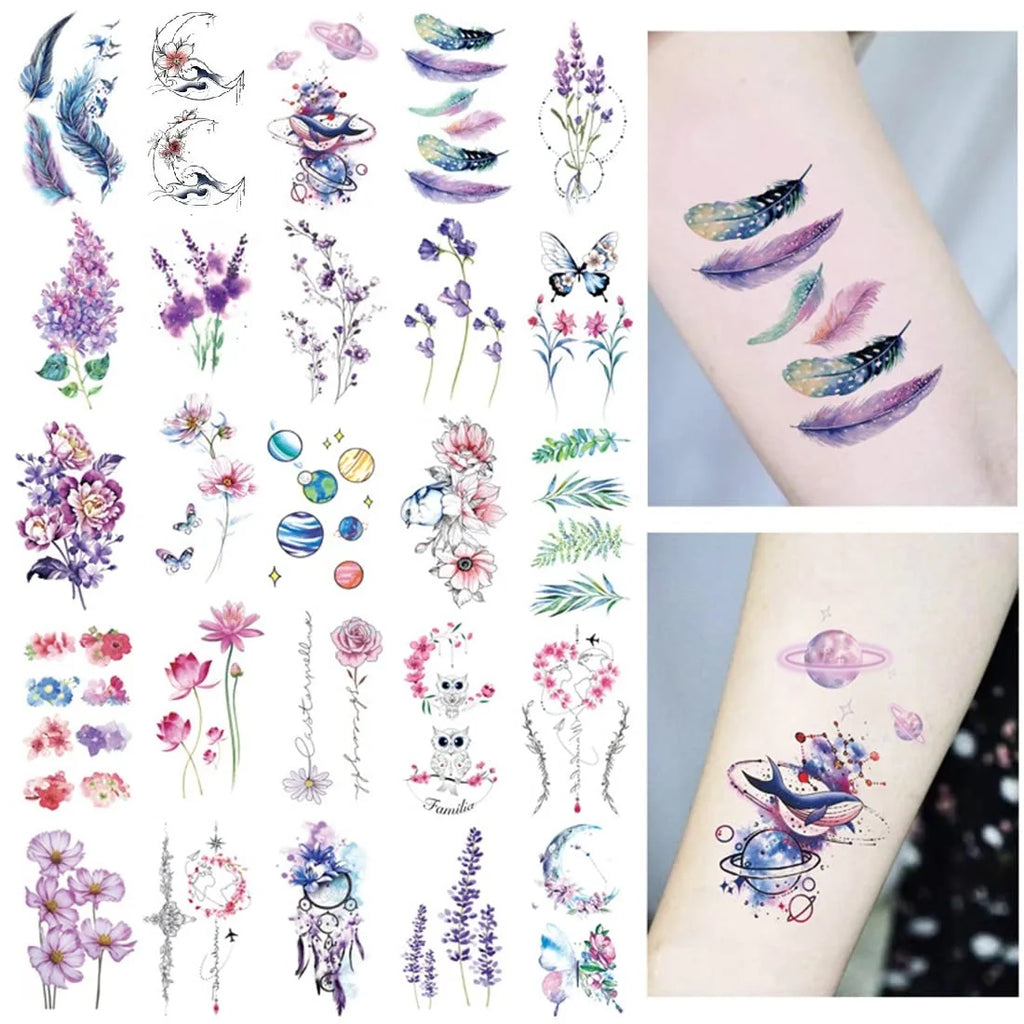Small Waterproof Temporary Tattoo Sticker Colorful Feather Flower Leaves Planet Moon Women Body Art Wrist Neck Fake Tattoos Men