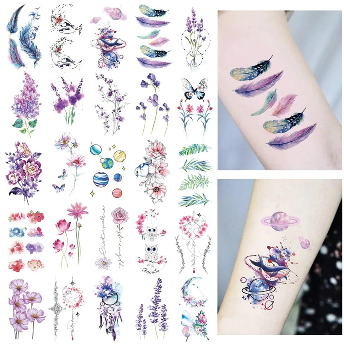 Small Waterproof Temporary Tattoo Sticker Colorful Feather Flower Leaves Planet Moon Women Body Art Wrist Neck Fake Tattoos Men