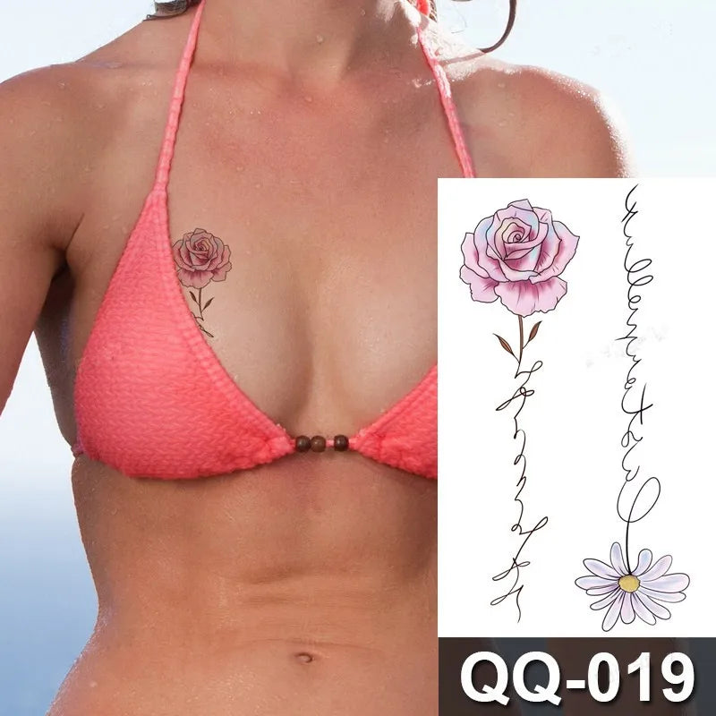 Small Waterproof Temporary Tattoo Sticker Colorful Feather Flower Leaves Planet Moon Women Body Art Wrist Neck Fake Tattoos Men