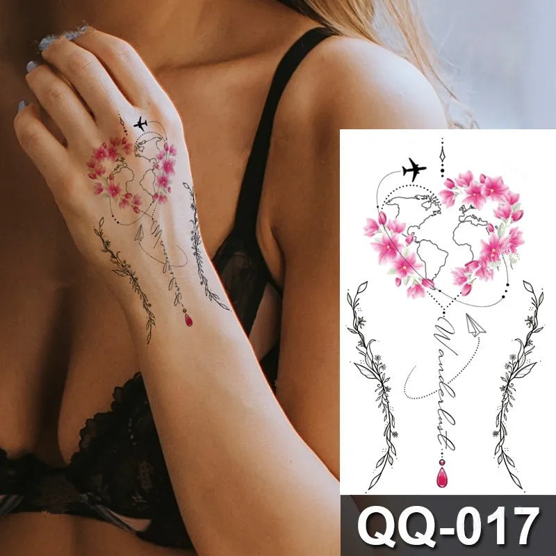 Small Waterproof Temporary Tattoo Sticker Colorful Feather Flower Leaves Planet Moon Women Body Art Wrist Neck Fake Tattoos Men