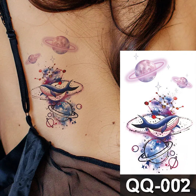 Small Waterproof Temporary Tattoo Sticker Colorful Feather Flower Leaves Planet Moon Women Body Art Wrist Neck Fake Tattoos Men