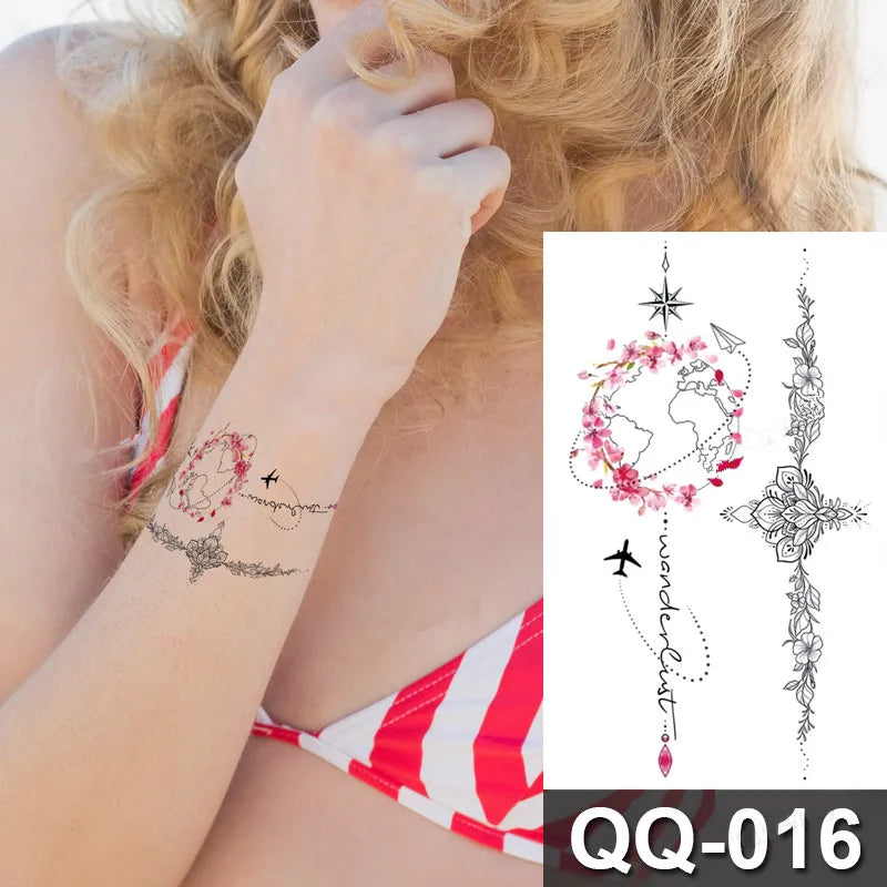 Small Waterproof Temporary Tattoo Sticker Colorful Feather Flower Leaves Planet Moon Women Body Art Wrist Neck Fake Tattoos Men